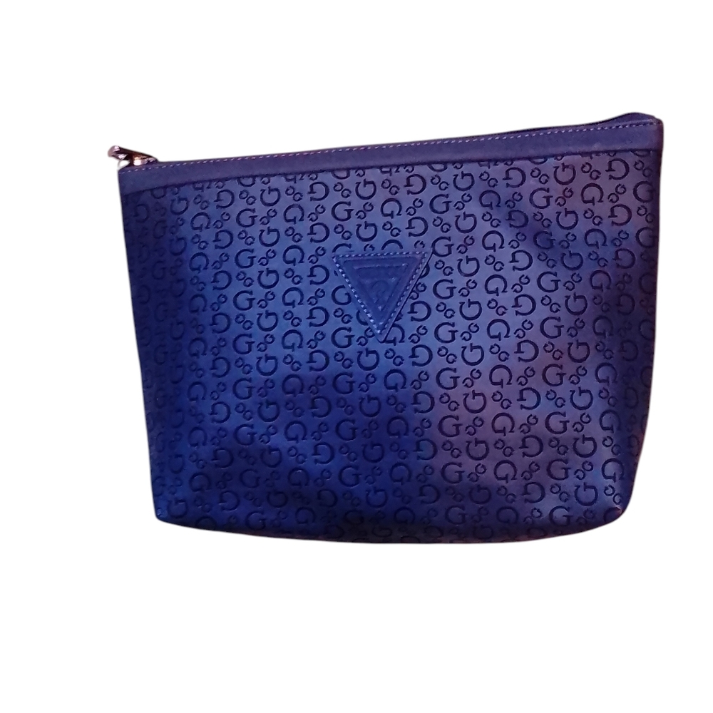 Guess Navy Monogram Patterned Accessory Toiltry Makeup Clutch